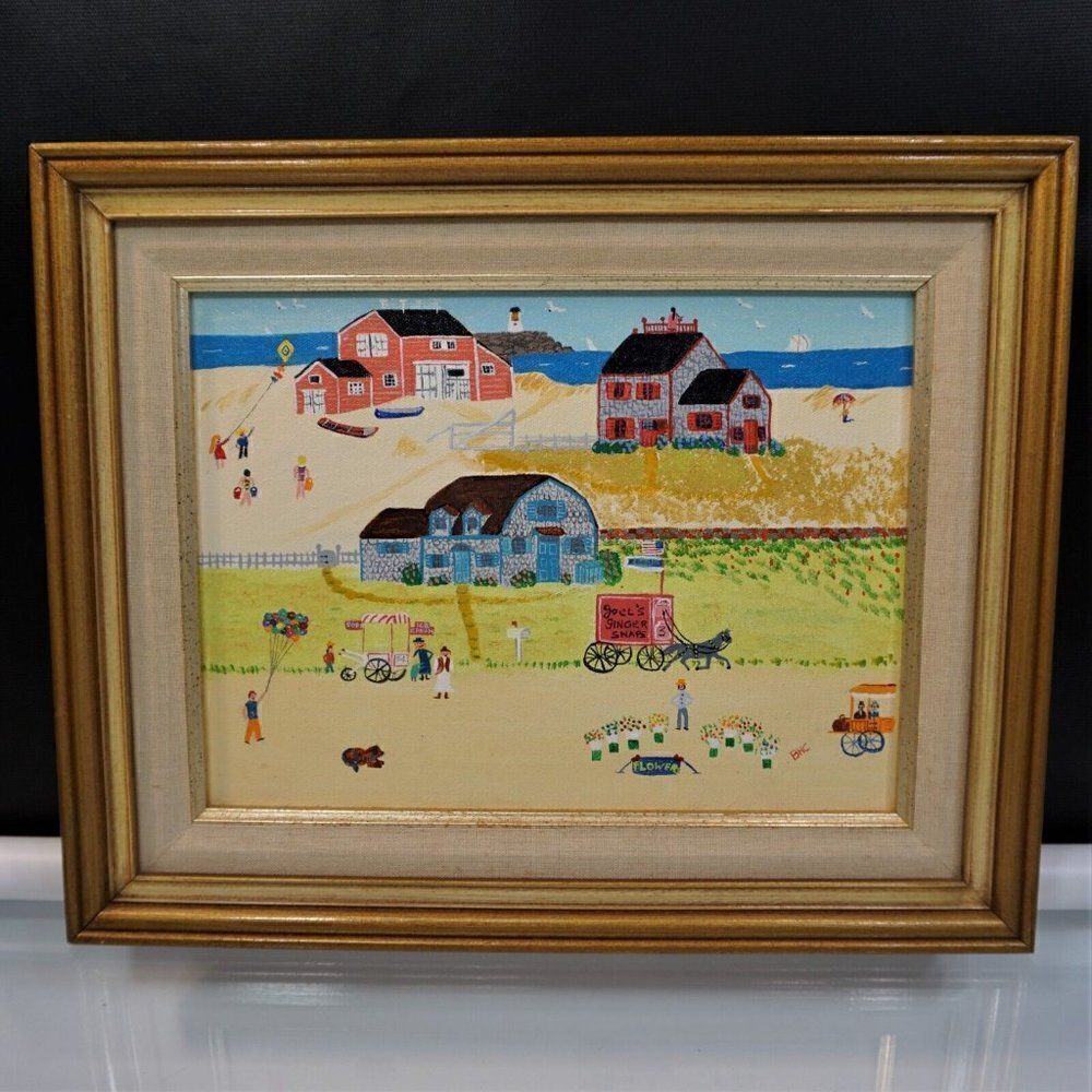 Primitive Americana Vintage Art Naif Folk Art BHC Signed Canvas Painting Naive